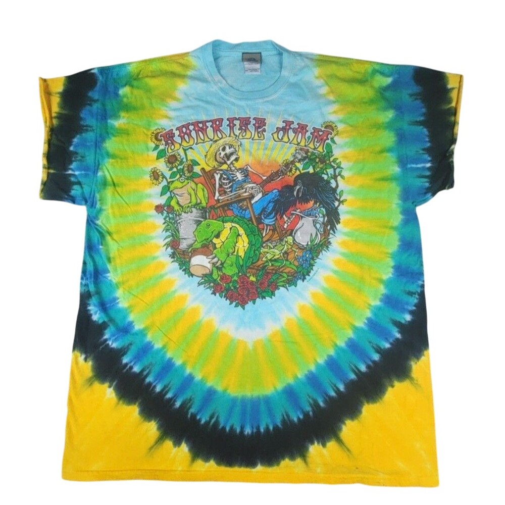 Liquid Blue Sunrise Jam Shirt Mens 2XL Tie Dye Skeleton Banjo Graphic Tee